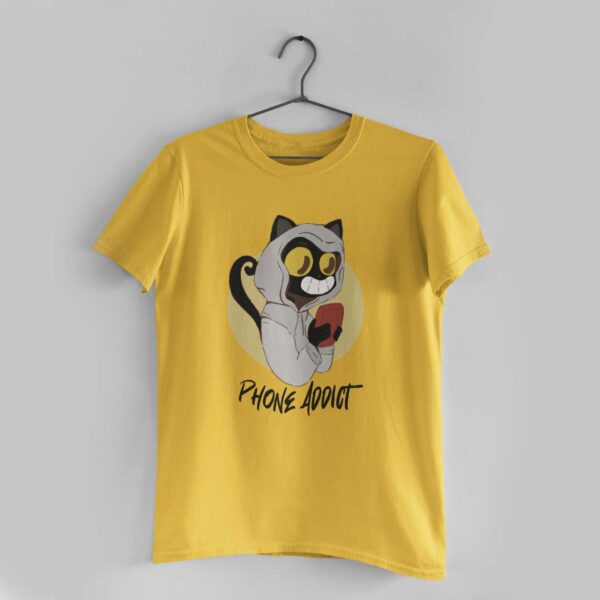 Phone Addict Cat Golden Yellow Round Neck T-Shirt