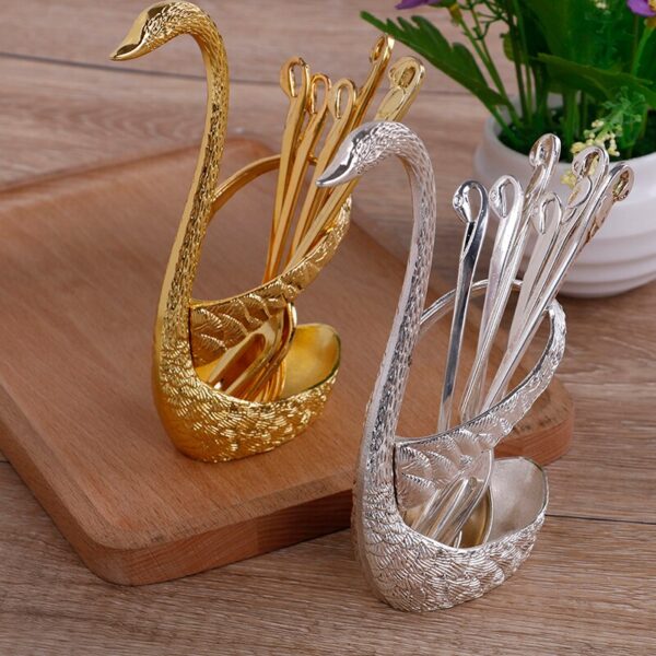 6 Pcs Spoon With Decorative Swan Stand (Silver)